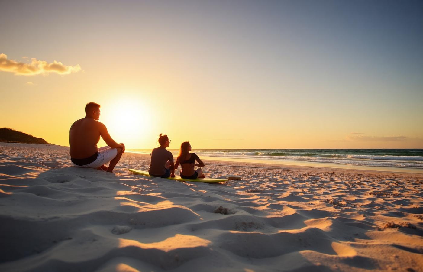 Amigos sentados na areia ao pôr do sol com pranchas de kite